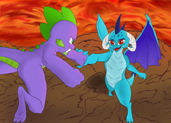 Size: 2330x1674 | Tagged: artist needed, safe, character:princess ember, character:spike, species:dragon, cave, colored, lava, sparring