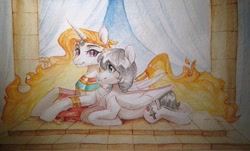 Size: 1280x771 | Tagged: artist needed, safe, character:nightmare star, character:princess celestia, oc, oc:light knight, egypt, egyptian, egyptian pony, lightestia, traditional art