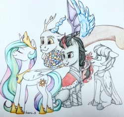 Size: 1439x1353 | Tagged: artist needed, safe, character:discord, character:king sombra, character:princess celestia, oc, oc:light knight, species:alicorn, species:draconequus, species:pegasus, species:pony, species:unicorn, ship:celestibra, ship:dislestia, celestia gets all the stallions, female, lightestia, male, shipping, straight, traditional art