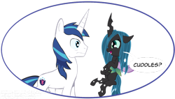 Size: 900x511 | Tagged: artist needed, safe, character:queen chrysalis, character:shining armor, species:changeling, species:pony, species:unicorn, changeling queen, eye contact, female, looking at each other, male, nymph, stallion