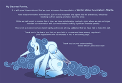 Size: 1100x750 | Tagged: artist needed, source needed, safe, oc, species:alicorn, species:pony, alicorn oc, announcement, convention, crying, ethereal mane, eyes closed, female, mare, purple background, sad, simple background, solo, starry wings, winter moon celebration