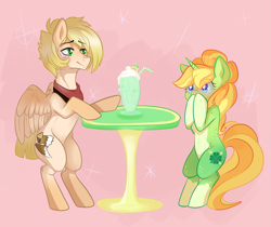 Size: 1237x1039 | Tagged: artist needed, safe, oc, oc only, oc:eagle eye, oc:shamrock shock, species:pegasus, species:pony, species:unicorn, blushing, clover, excited, female, four leaf clover, male, mare, marriage proposal, neckerchief, ring, shamrock shake, shipping, stallion, straight