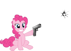 Size: 1739x1261 | Tagged: artist needed, safe, character:pinkie pie, species:earth pony, species:pony, bullet hole, female, fourth wall, gun, mare, simple background, sitting, smiling, solo, transparent background, weapon