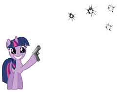 Size: 2019x1517 | Tagged: artist needed, safe, character:twilight sparkle, species:pony, species:unicorn, bullet hole, female, fourth wall, gun, mare, simple background, smiling, solo, transparent background, weapon