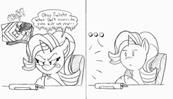 Size: 4323x2479 | Tagged: artist needed, safe, character:starlight glimmer, species:pony, species:unicorn, /mlp/, comic:glim glam on 4chan, ..., 4chan, computer, dialogue, hooves together, monochrome, scheming, solo