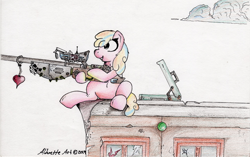 Size: 1024x642 | Tagged: artist needed, safe, oc, oc only, oc:puppysmiles, species:earth pony, species:pony, fallout equestria, alternate universe, briefcase, building, cloud, fanfic, fanfic art, female, filly, foal, gun, hooves, optical sight, rifle, sitting, smiling, sniper, sniper rifle, solo, traditional art, weapon