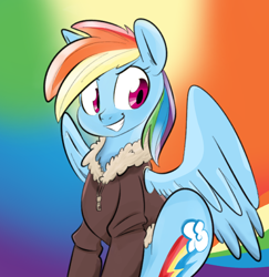 Size: 1280x1319 | Tagged: artist needed, source needed, safe, character:rainbow dash, bomber jacket, clothing, jacket, rainbow background, smiling, solo, spread wings, wings