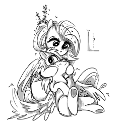 Size: 731x731 | Tagged: artist needed, source needed, safe, character:fluttershy, character:rainbow dash, species:pegasus, species:pony, ship:flutterdash, cheek squish, female, flower, flower in hair, lesbian, monochrome, shipping, sitting, spread wings, squishy cheeks, wings