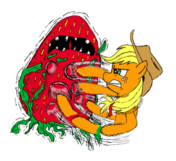 Size: 1153x1057 | Tagged: artist needed, safe, character:applejack, species:earth pony, species:pony, fight, food, monster, oraoraoraoraoraoraoraoraora, simple background, strawberry, that pony sure does hate strawberries, white background