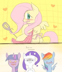 Size: 600x700 | Tagged: artist needed, source needed, safe, character:fluttershy, character:rainbow dash, character:rarity, character:twilight sparkle, apron, clothing, comic, imminent rape, just as planned, plot, stupid sexy fluttershy, wingboner
