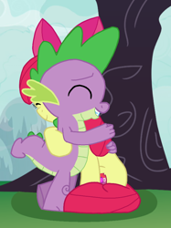 Size: 670x896 | Tagged: artist needed, source needed, useless source url, safe, character:apple bloom, character:spike, species:dragon, species:earth pony, species:pony, ship:spikebloom, apple bloom's bow, bow, cutie mark, duo, female, filly, hair bow, hug, male, shipping, sky, smiling, straight, tree