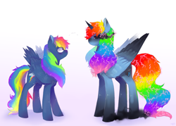 Size: 1280x918 | Tagged: artist needed, source needed, safe, character:evil pie hater dash, character:nightmare rainbow dash, character:rainbow dash, species:alicorn, species:pony, episode:secrets and pies, g4, my little pony: friendship is magic, ..., adorapiehater, alicornified, blushing, cute, dashabetes, duo, female, looking at each other, nightmarified, race swap, rainbowcorn, self ponidox