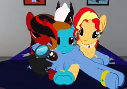 Size: 2408x1688 | Tagged: artist needed, safe, character:sunset shimmer, oc, oc:diamond breeze, oc:midnight ruby, oc:neo miles, oc:shadow star, bed, cuddling, goggles, neomond, pony pile, red and black oc, second life, snuggling