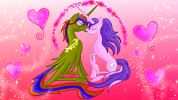Size: 900x506 | Tagged: artist needed, safe, oc, oc only, oc:crystal sparkle, oc:storm spark, species:alicorn, species:pony, alicorn oc, glasses, heart, kissing, love, marriage proposal