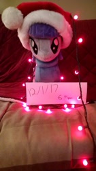 Size: 380x675 | Tagged: artist needed, safe, character:maud pie, 4chan, christmas, clothing, cute, hat, holiday, lights, maudabetes, plushie, santa hat, solo, timestamp