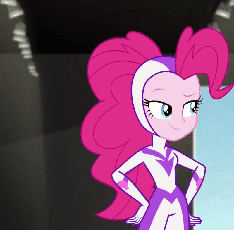 Size: 800x786 | Tagged: source needed, safe, edit, edited screencap, screencap, character:fili-second, character:pinkie pie, species:human, episode:power ponies, equestria girls:movie magic, g4, my little pony: friendship is magic, my little pony:equestria girls, animated, bigger on the inside, chocolate, clothing, costume, cropped, cute, female, food, gif, hammerspace, hammerspace hair, how, pinkie being pinkie, pinkie physics, pinkie's magic hair, poof, pudding, reversed, solo, spandex, wat