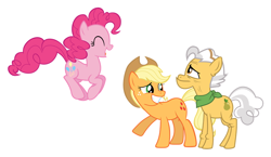 Size: 830x482 | Tagged: artist needed, source needed, safe, character:applejack, character:grand pear, character:pinkie pie, episode:pinkie apple pie, episode:the perfect pear, g4, my little pony: friendship is magic, bouncing, introduction, simple background, white background