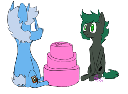 Size: 779x571 | Tagged: artist needed, safe, oc, oc only, oc:algorithm, oc:minus, species:earth pony, species:pony, species:unicorn, birthday, birthday cake, cake, colored, food, glasses, male, simple background, white background