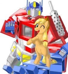 Size: 854x935 | Tagged: artist needed, safe, character:applejack, species:earth pony, species:pony, duo, female, looking at you, mare, one eye closed, optimus prime, rearing, simple background, smiling, transformers, white background, wink