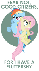 Size: 500x916 | Tagged: artist needed, safe, character:fluttershy, character:rainbow dash, species:pegasus, species:pony, caption, duo, duo female, female, holding a pony, mare, surprised, text