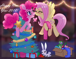 Size: 3730x2915 | Tagged: artist needed, safe, artist:astralblues, character:angel bunny, character:fluttershy, character:gummy, character:pinkie pie, species:earth pony, species:pegasus, species:pony, ship:flutterpie, angel, blushing, boop, carrot, cute, diapinkes, female, food, garland, happy new year 2018, heart, lesbian, lights out, new year, noseboop, shipping, shy, shyabetes