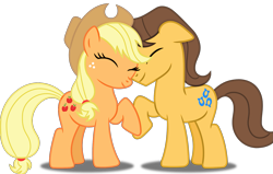 Size: 1593x1016 | Tagged: artist needed, source needed, safe, character:applejack, character:caramel, species:earth pony, species:pony, ship:carajack, cuddling, cute, eyes closed, female, male, mare, raised hoof, shipping, simple background, smiling, snuggling, stallion, straight, transparent background, vector
