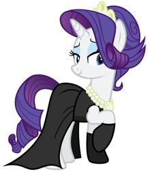Size: 520x600 | Tagged: artist needed, safe, character:rarity, species:pony, alternate hairstyle, audrey hepburn, breakfast at tiffany's, clothing, dress, female, holly golightly, jewelry, lidded eyes, necklace, pearl necklace, raised hoof, simple background, smiling, solo, tiara, white background