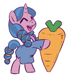 Size: 425x469 | Tagged: artist needed, safe, species:pony, species:unicorn, episode:shadow play, g4, my little pony: friendship is magic, bipedal, braid, carrot, clothing, cute, dress, eyes closed, female, filly, food, giant carrot, giant food, hoof hold, little violet, robe, simple background, smiling, solo, white background