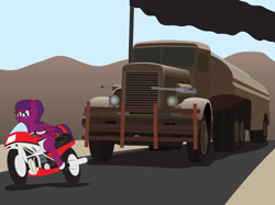 Size: 1024x765 | Tagged: artist needed, safe, oc, oc only, oc:crystal, species:pegasus, species:pony, chase, crossover, danger, duel (movie), gun, impending doom, motorcycle, peterbilt, peterbilt 281, smoke, teary eyes, truck, weapon
