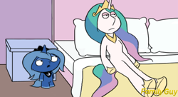 Size: 1980x1080 | Tagged: artist needed, source needed, safe, edit, character:princess celestia, character:princess luna, bed, discovery family logo, family guy, lois griffin, parody, stewie griffin, why