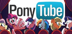 Size: 777x372 | Tagged: artist needed, source needed, safe, character:applejack, character:fluttershy, character:pinkie pie, character:rainbow dash, character:rarity, character:twilight sparkle, breaking the fourth wall, food, mane six, popcorn, theater, youtube