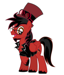 Size: 1400x1648 | Tagged: artist needed, safe, oc, oc only, oc:toonkriticy2k, species:pony, clothing, facial hair, glasses, goggles, hat, raised hoof, red and black oc, simple background, top hat, transparent background, unshorn fetlocks