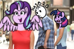 Size: 564x375 | Tagged: artist needed, safe, character:starlight glimmer, character:twilight sparkle, character:twilight sparkle (alicorn), species:alicorn, species:human, species:pony, alicornified, distracted boyfriend meme, hasbro, irl, irl human, meme, photo, race swap, starlicorn, xk-class end-of-the-world scenario