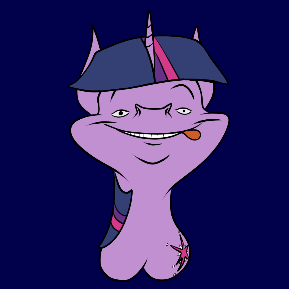 Size: 1000x1000 | Tagged: safe, artist:anontheanon, character:twilight sparkle, species:pony, species:unicorn, :i, animated, blue background, creepy, cutie mark, derp, eye twitch, female, god is dead, grin, licking, licking lips, looking at you, mare, not salmon, plot, simple background, smiling, solo, tongue out, wat