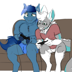 Size: 1278x1278 | Tagged: artist needed, safe, non-mlp oc, oc, oc:johan, species:anthro, boxers, clothing, couch, duo, gaming, muscles, partial nudity, pecs, topless, underwear