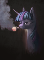 Size: 2048x2732 | Tagged: artist needed, source needed, safe, character:twilight sparkle, species:pony, bust, female, lidded eyes, mare, portrait, simple background, smoking beer, solo, wat