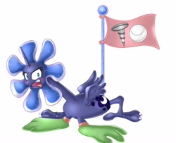 Size: 1067x868 | Tagged: artist needed, dead source, safe, character:princess luna, ball, baseball, blushing, duck amuck, embarrassed, feet, flag, flower, frown, glare, gritted teeth, looking at you, looney tunes, not salmon, screw, simple background, solo, sports, spread wings, wat, white background, wide eyes, wings