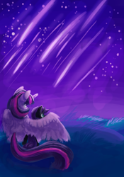 Size: 700x1000 | Tagged: artist needed, safe, character:twilight sparkle, character:twilight sparkle (alicorn), oc, oc:nyx, species:alicorn, species:pony, adopted offspring, drawthread, duo, female, filly, hug, mare, mother and daughter, night, request, shooting star, sitting, stargazing, starry night, winghug