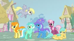 Size: 723x402 | Tagged: artist needed, source needed, useless source url, safe, character:carrot top, character:cheerilee, character:derpy hooves, character:golden harvest, character:lyra heartstrings, character:sunshower raindrops, character:trixie, lunaverse, alternate mane six, picture for breezies