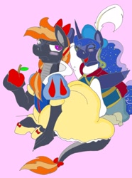 Size: 1611x2161 | Tagged: artist needed, safe, character:princess luna, oc, oc:stone, oc:stone the dragonpony, apple, bow, clothing, cosplay, costume, crossdressing, food, hair bow, shipping, snow white