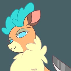 Size: 1080x1080 | Tagged: artist needed, safe, community related, character:velvet reindeer, species:deer, species:reindeer, them's fightin' herds, :3, colored pupils, knife, knife cat, nya, parody, ponified animal photo, simple background, smug, teal background
