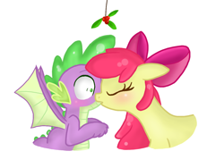 Size: 1200x900 | Tagged: artist needed, source needed, safe, character:apple bloom, character:spike, ship:spikebloom, blushing, cute, female, holly, holly mistaken for mistletoe, kissing, male, mistletoe, shipping, simple background, straight, white background, winged spike, wings