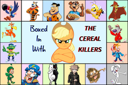 Size: 1800x1202 | Tagged: artist needed, safe, character:applejack, buzzbee, cap'n crunch, cereal, cookie crisp, count chocula, cover art, danganronpa, dig 'em frog, fanfic, fanfic art, food, fred flintstone, frosted flakes, fruit loops, honey nut cheerios, honeycomb (cereal), lucky, lucky charms, makoto naegi, monokuma, sugar bear, sunny the coco bird, tony the tiger, toucan sam, trix