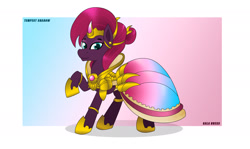 Size: 2000x1189 | Tagged: artist needed, safe, character:fizzlepop berrytwist, character:tempest shadow, species:pony, my little pony: the movie (2017), alternate hairstyle, armor, clothing, dress, grand galloping gala, jewelry, looking at you, prosthetic horn, prosthetics, simple background, solo, tempest gets her horn back, tiara