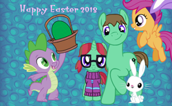 Size: 1356x841 | Tagged: artist needed, safe, edit, character:angel bunny, character:scootaloo, character:spike, oc, oc:ian, oc:straight a's, species:pegasus, species:pony, basket, bunny ears, clothing, easter, easter egg, glasses, holiday, sweater