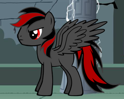 Size: 477x383 | Tagged: artist needed, safe, oc, oc only, oc:darkblaze, oc:donut steel, pony creator, red and black mane, red and black oc, solo
