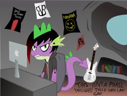 Size: 1726x1296 | Tagged: artist needed, source needed, safe, character:spike, species:dragon, apple (company), black veil brides, braces, emo, guitar, it's a phase, it's not a phase, nirvana, older, rage against the machine, rebellious teen, skrillex, solo, teenage spike, teenaged dragon, teenager