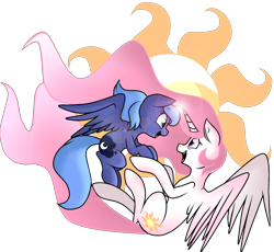 Size: 1280x1180 | Tagged: artist needed, source needed, safe, character:princess celestia, character:princess luna, species:alicorn, species:pony, flying, happy, holding hooves, horns are touching, lens flare, looking at each other, missing accessory, moon, pink-mane celestia, royal sisters, s1 luna, simple background, smiling, sun, transparent background