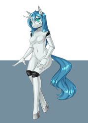 Size: 750x1050 | Tagged: artist needed, safe, oc, oc only, oc:silver heart, species:anthro, species:pony, species:unguligrade anthro, species:unicorn, aperture iris, breasts, colored hooves, featureless breasts, hooves, robot, robot pony