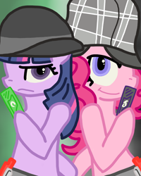 Size: 1024x1280 | Tagged: artist needed, safe, character:pinkie pie, character:twilight sparkle, species:earth pony, species:pony, species:unicorn, bipedal, bowler hat, clothing, deerstalker, duo, duo female, female, hat, kamen rider, kamen rider w, mare